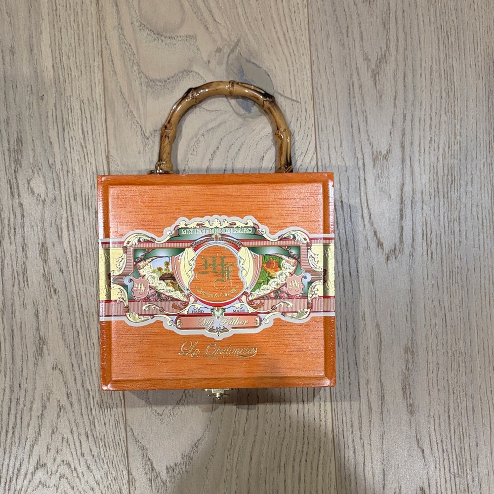 Vintage Cigar Box Handbag in Glossy Orange with Bamboo Handle. One of a kind!